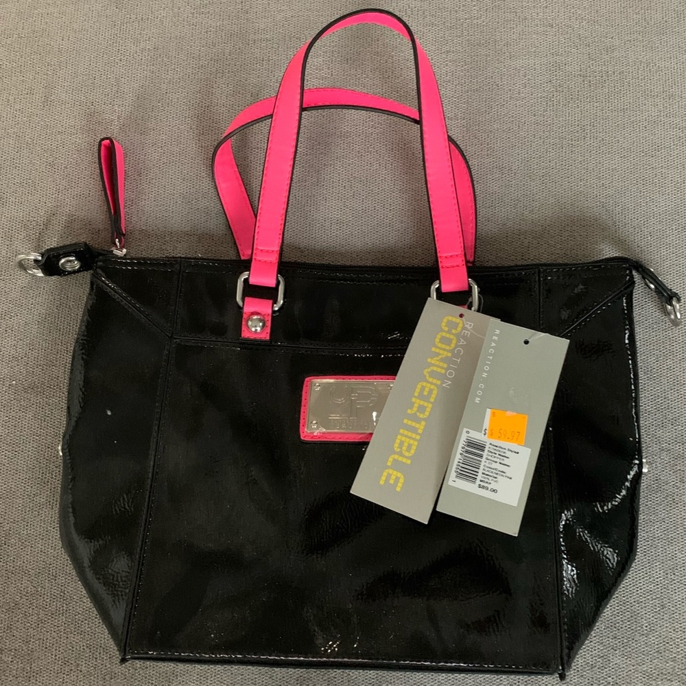 Black PVC back with neon pink straps